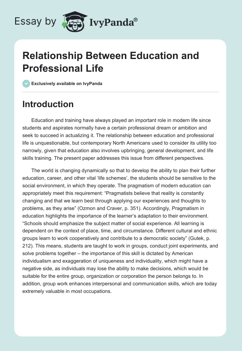 Relationship Between Education and Professional Life. Page 1