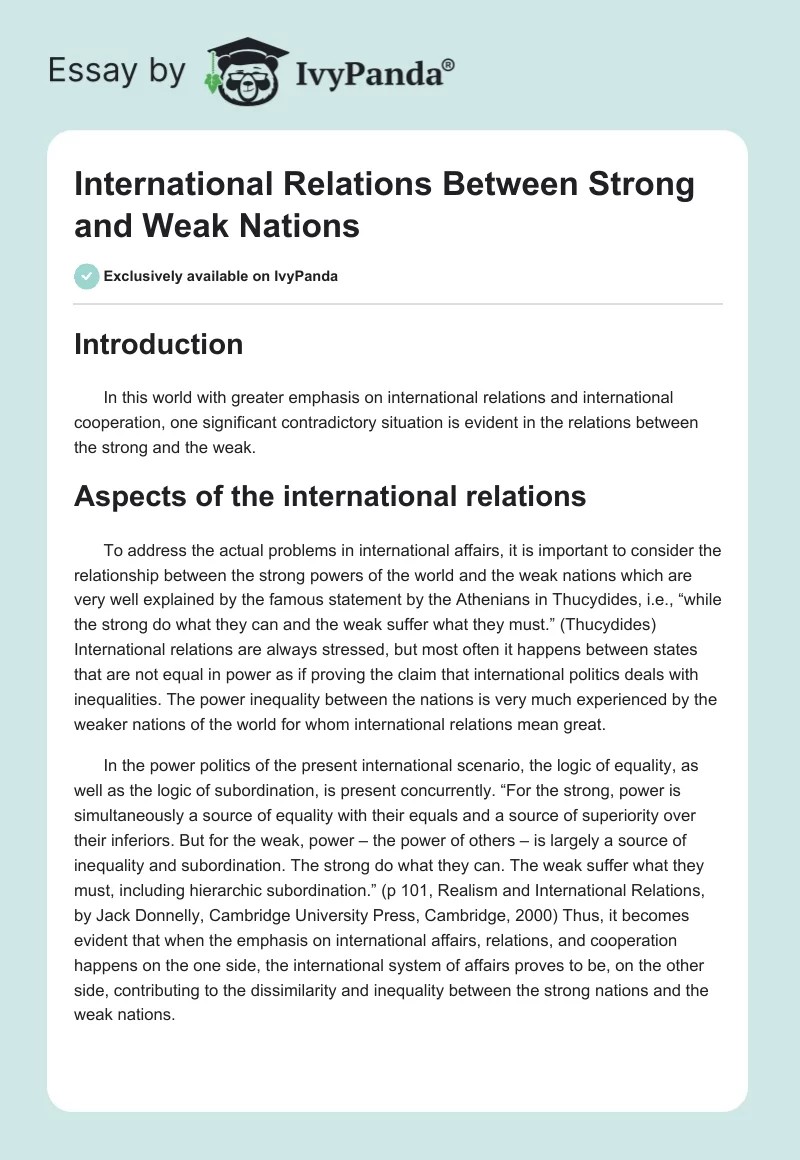 International Relations Between Strong and Weak Nations. Page 1