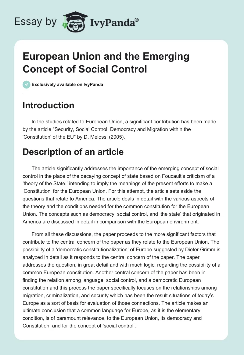 European Union and the Emerging Concept of Social Control. Page 1