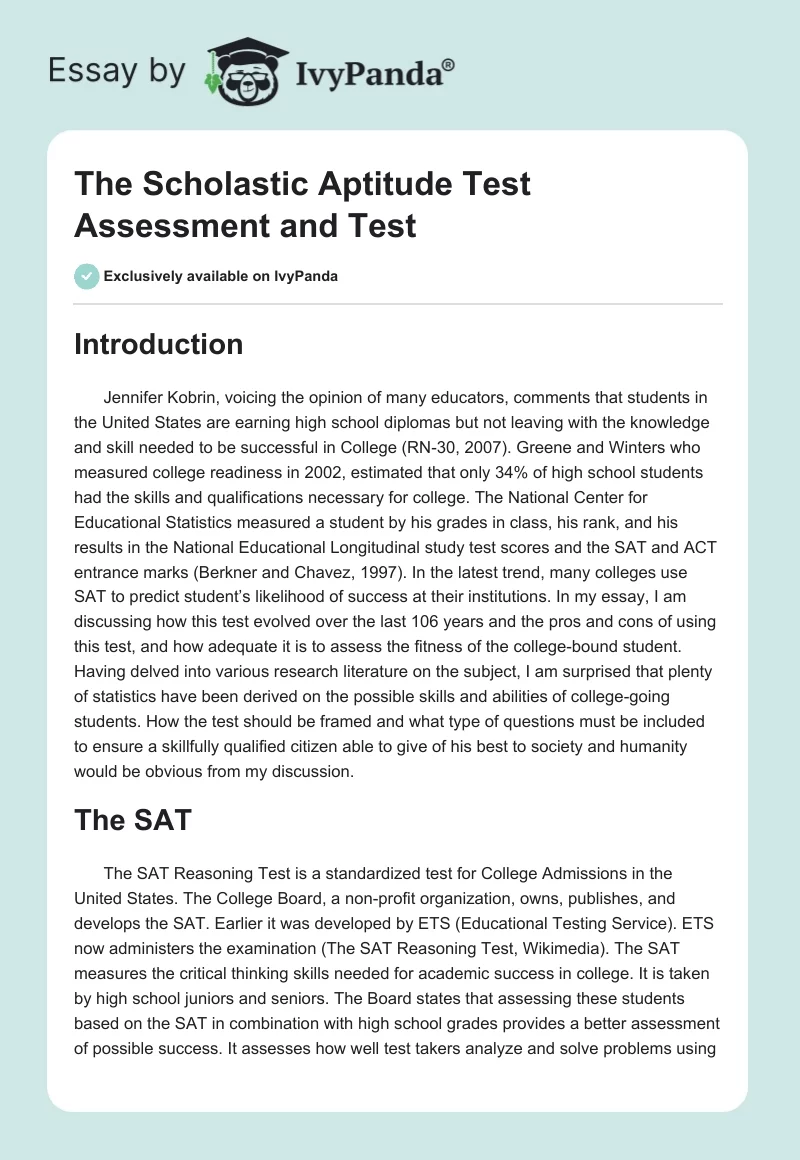The Scholastic Aptitude Test Assessment and Test. Page 1