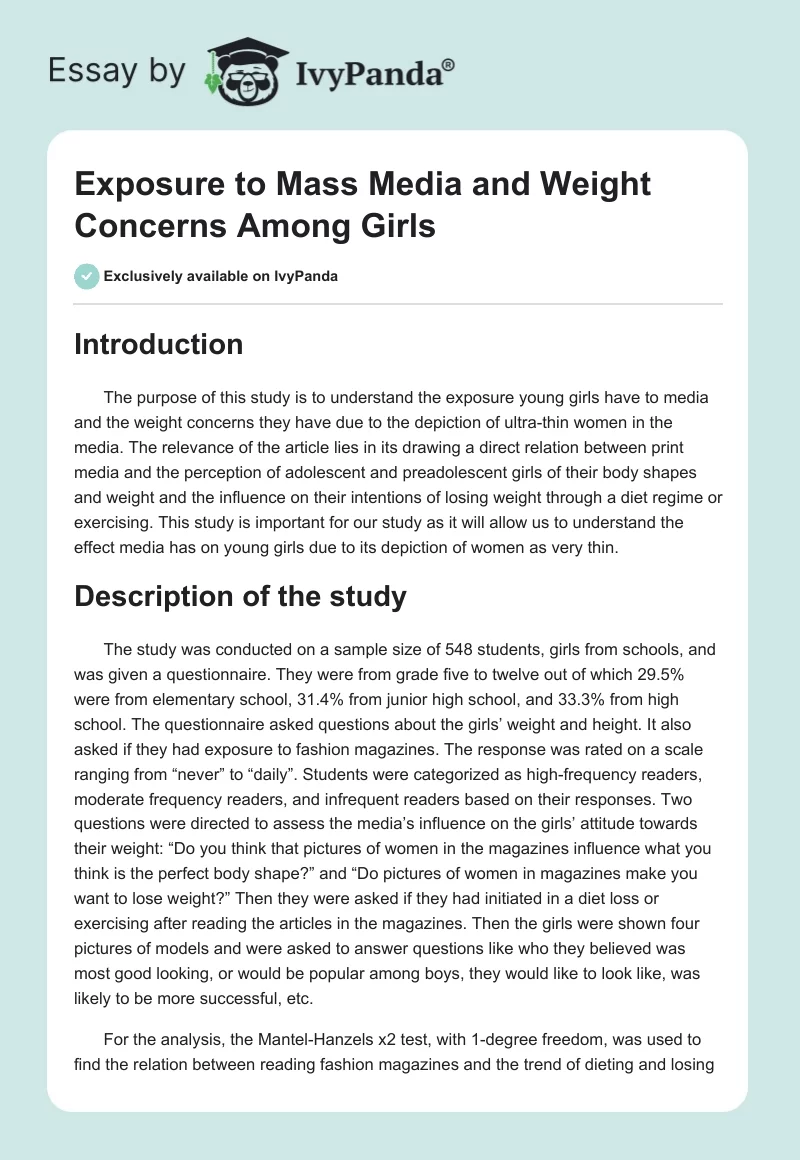 Exposure to Mass Media and Weight Concerns Among Girls. Page 1