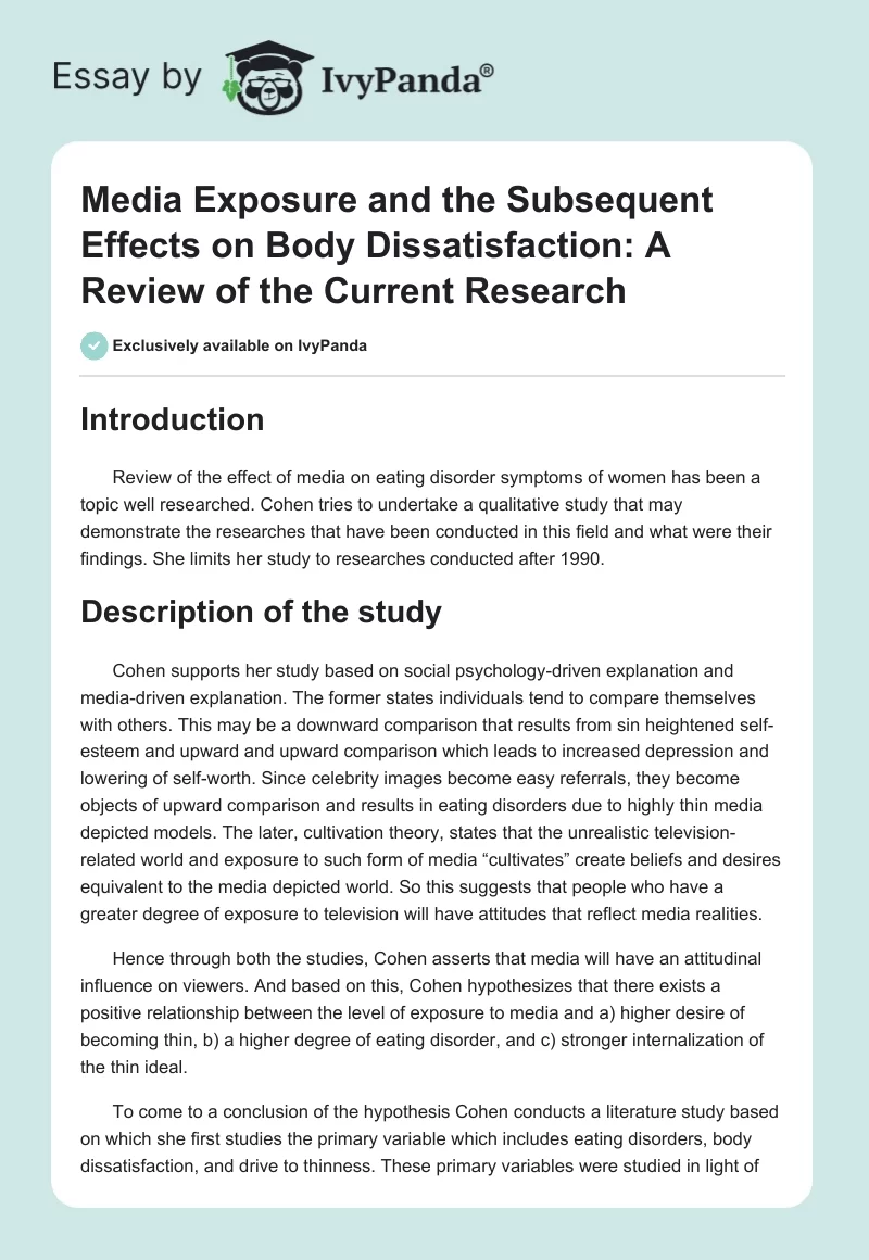 Media Exposure and the Subsequent Effects on Body Dissatisfaction: A Review of the Current Research. Page 1