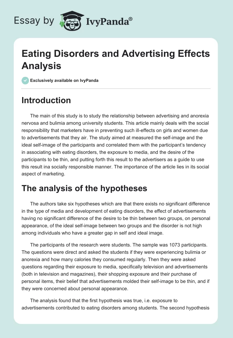 Eating Disorders and Advertising Effects Analysis. Page 1