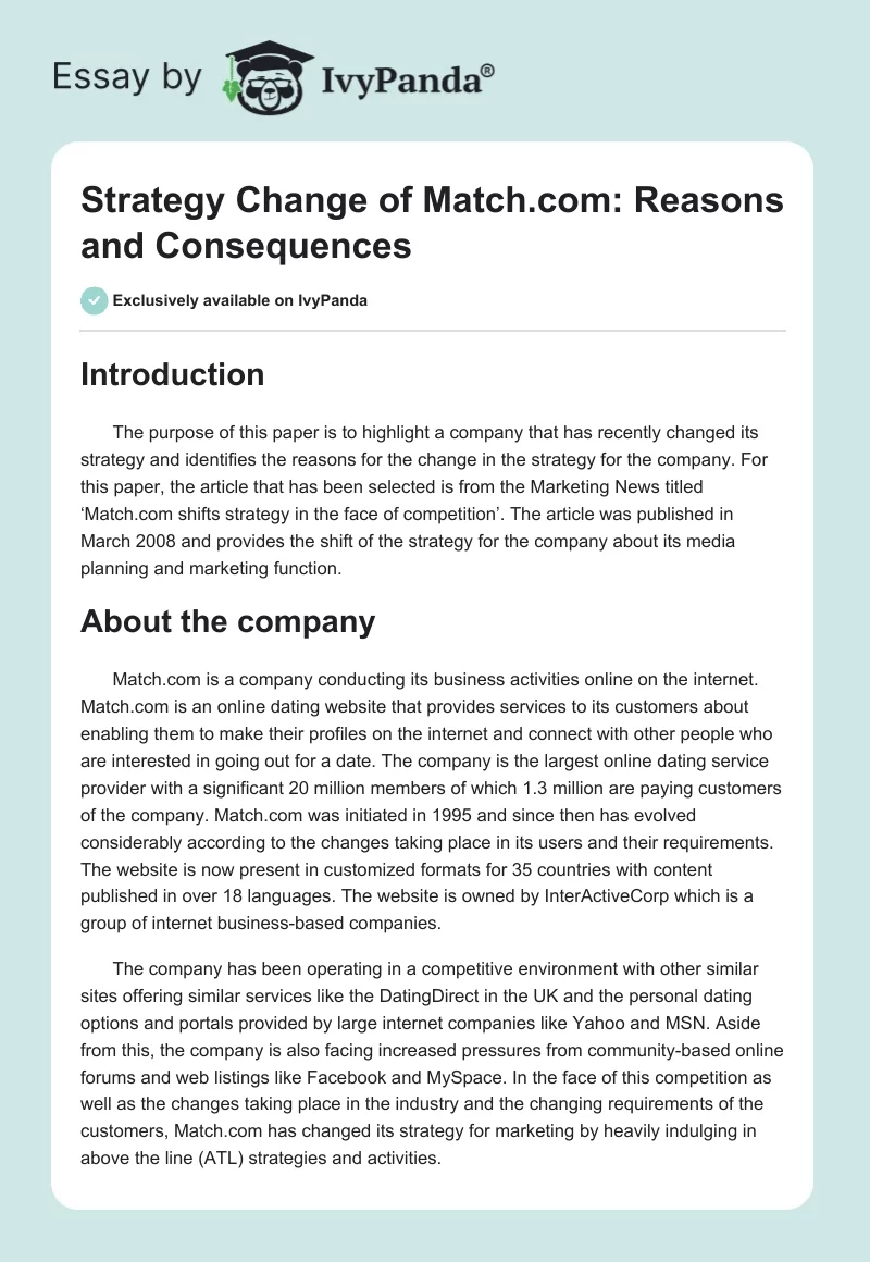 Strategy Change of Match.com: Reasons and Consequences. Page 1
