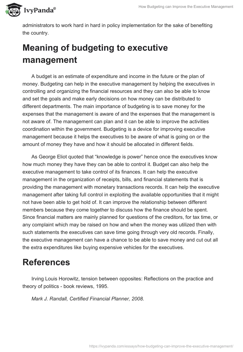 How Budgeting can Improve the Executive Management. Page 2