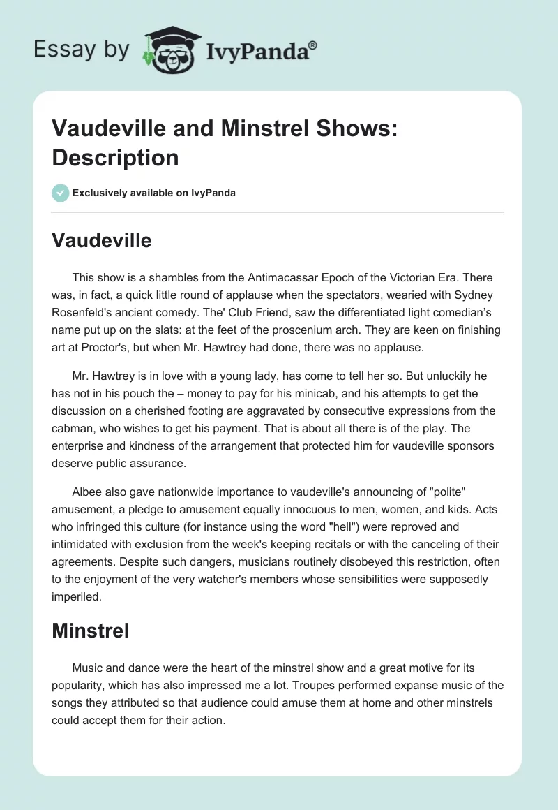 Vaudeville and Minstrel Shows: Description. Page 1