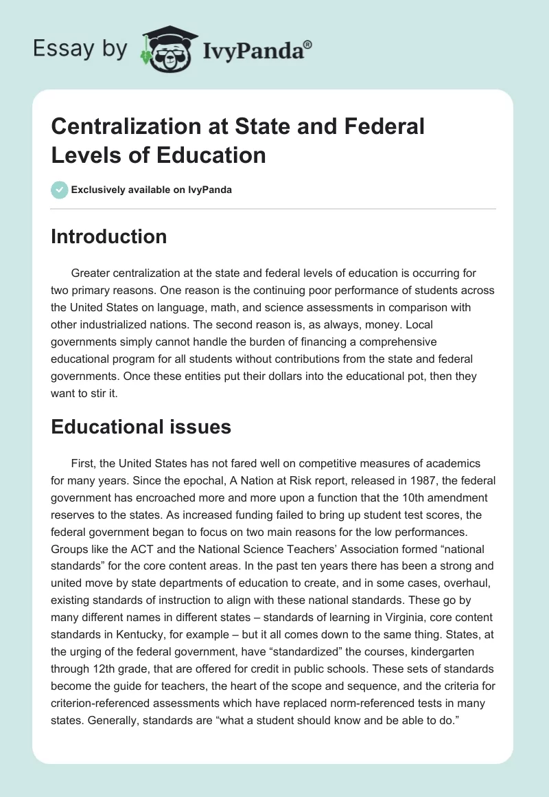 Centralization at State and Federal Levels of Education. Page 1