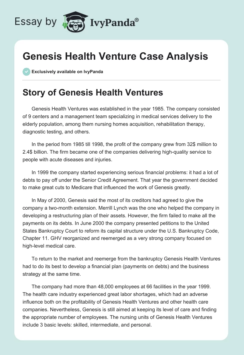 Genesis Health Venture Case Analysis. Page 1