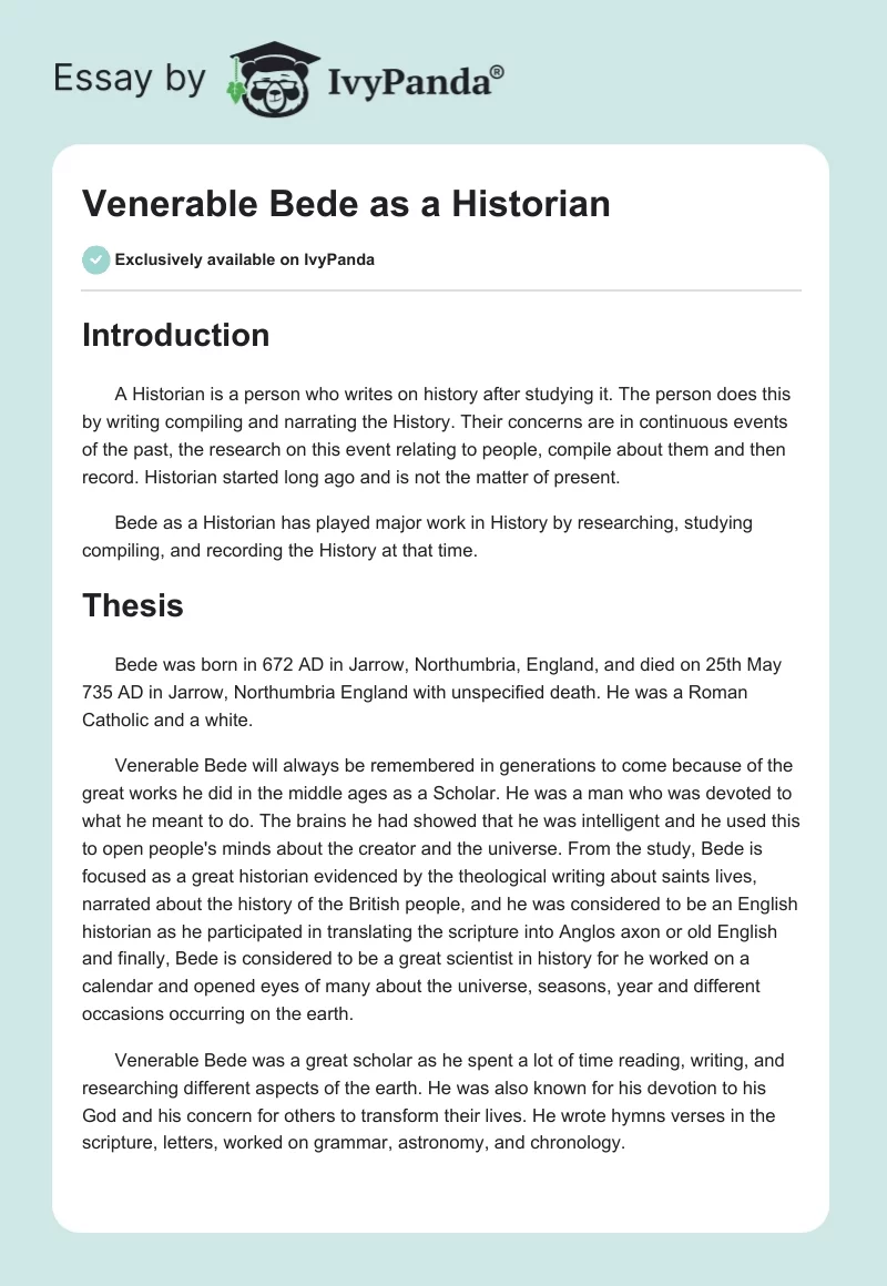 Venerable Bede as a Historian. Page 1