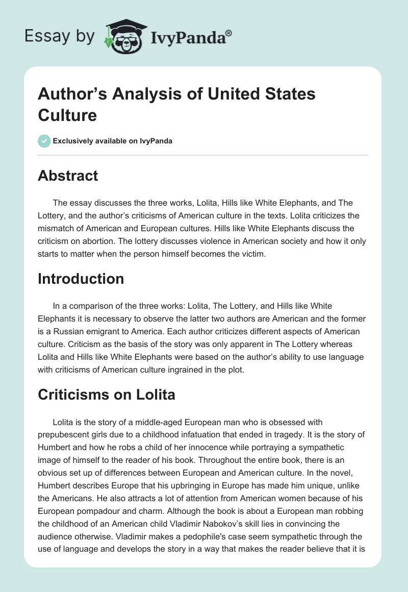 Author’s Analysis of United States Culture. Page 1