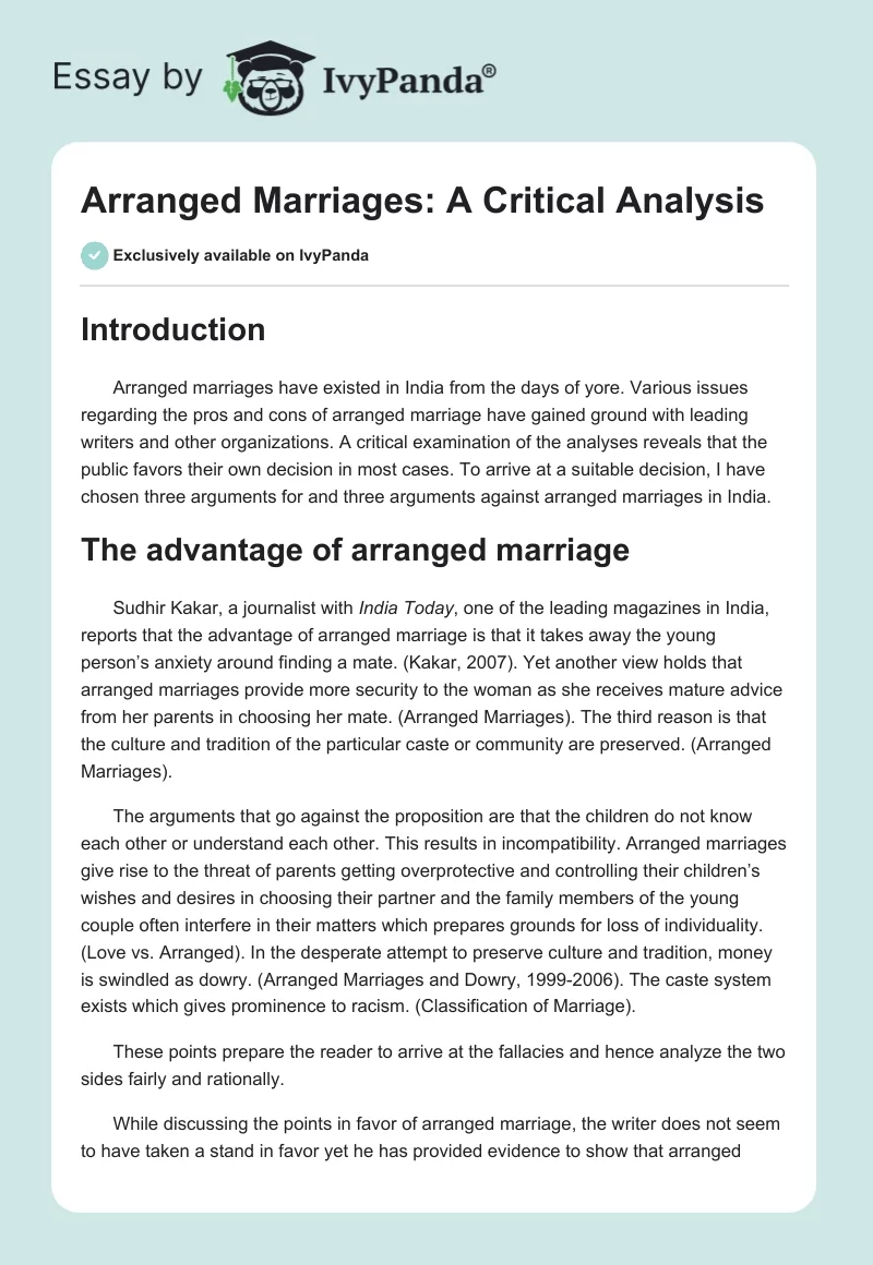 Arranged Marriages: A Critical Analysis. Page 1