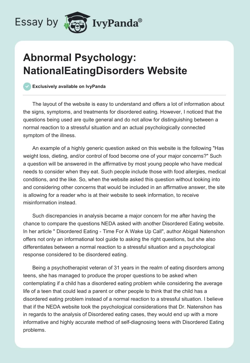 Abnormal Psychology: NationalEatingDisorders Website. Page 1