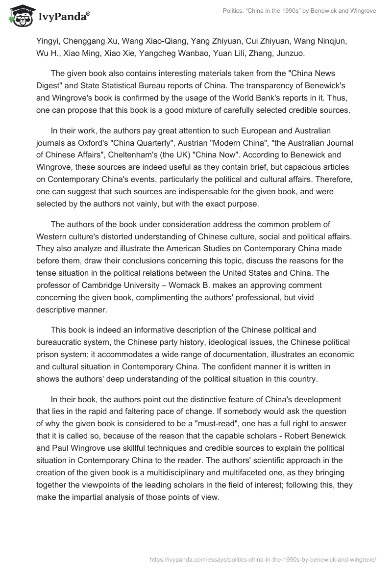 Politics. “China in the 1990s” by Benewick and Wingrove. Page 2