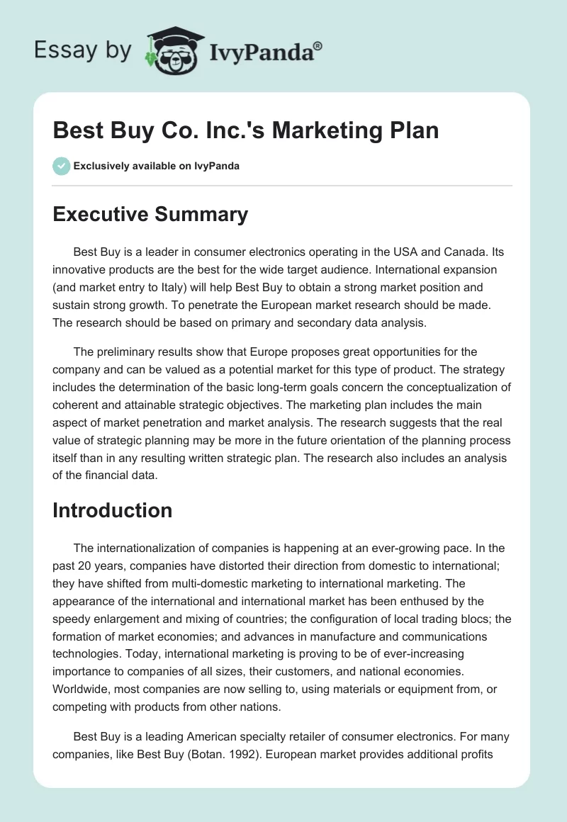 Best Buy Co. Inc.'s Marketing Plan. Page 1