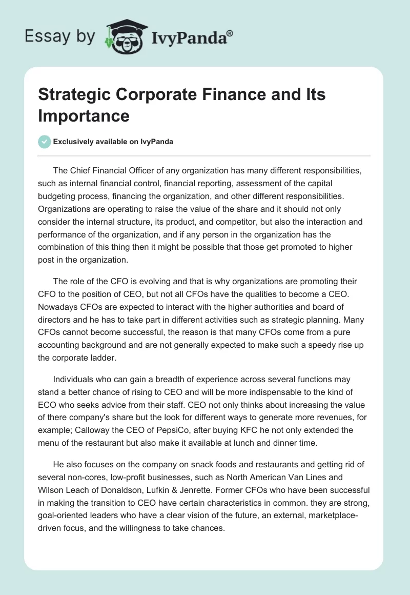Strategic Corporate Finance and Its Importance. Page 1