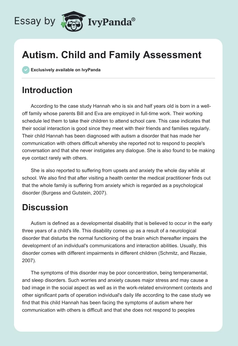 Autism. Child and Family Assessment. Page 1