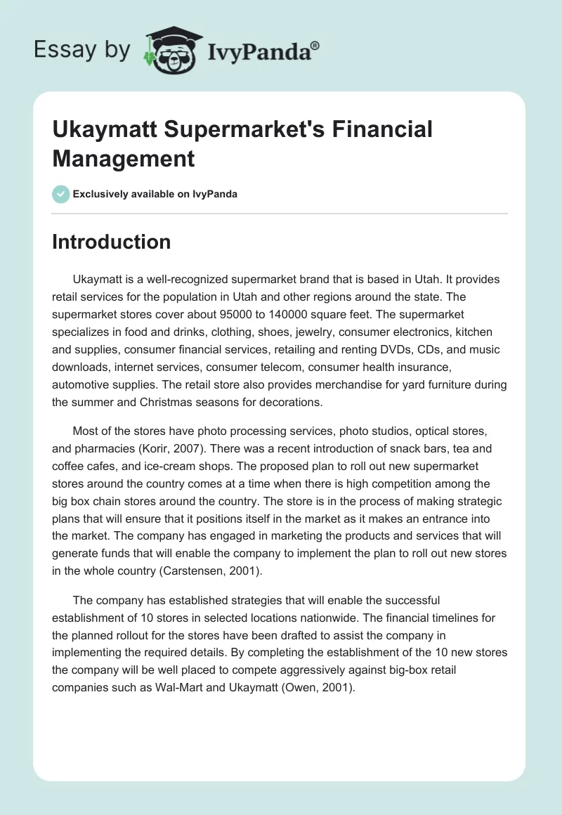 Ukaymatt Supermarket's Financial Management. Page 1