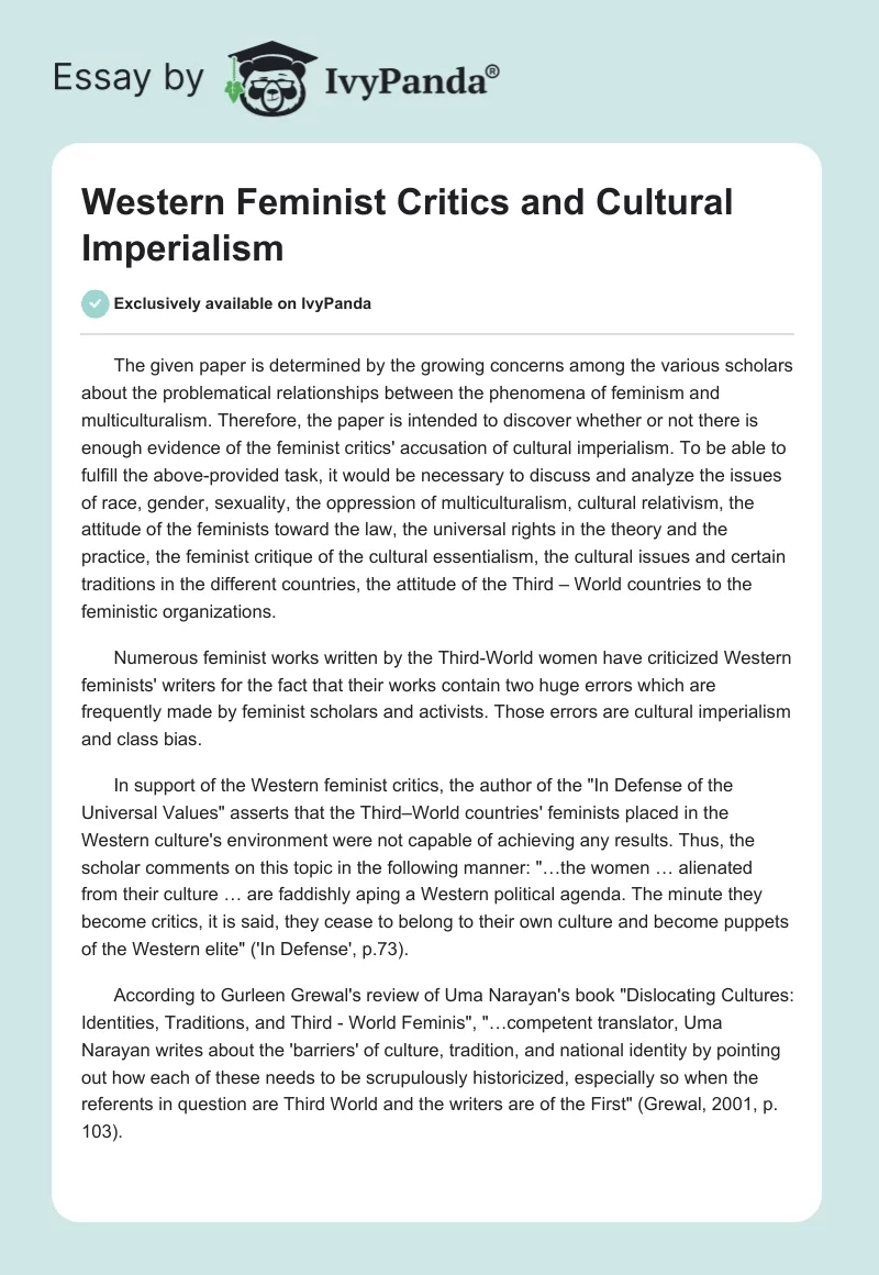 Western Feminist Critics and Cultural Imperialism. Page 1