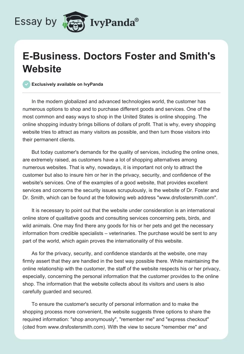 E-Business. Doctors Foster and Smith's Website. Page 1