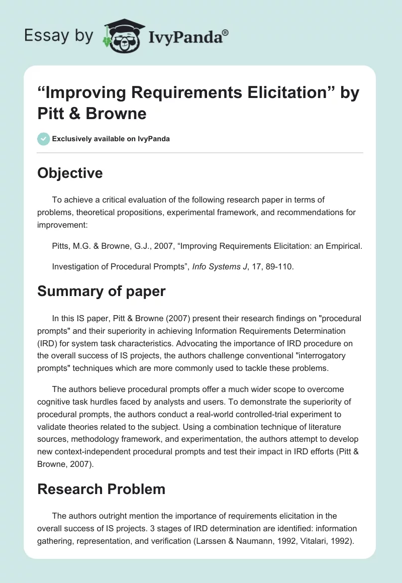 “Improving Requirements Elicitation” by Pitt & Browne. Page 1