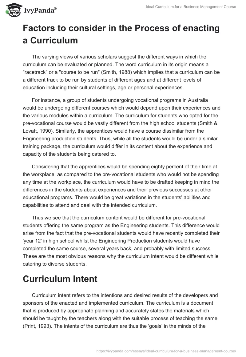 Ideal Curriculum for a Business Management Course. Page 2