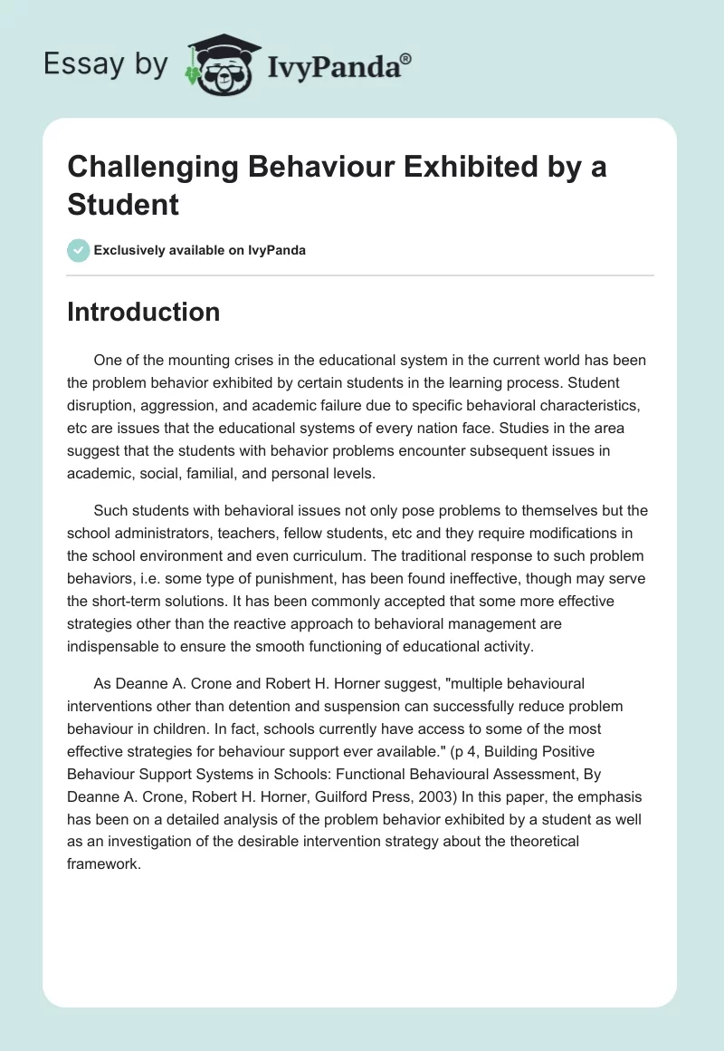 Challenging Behaviour Exhibited by a Student. Page 1