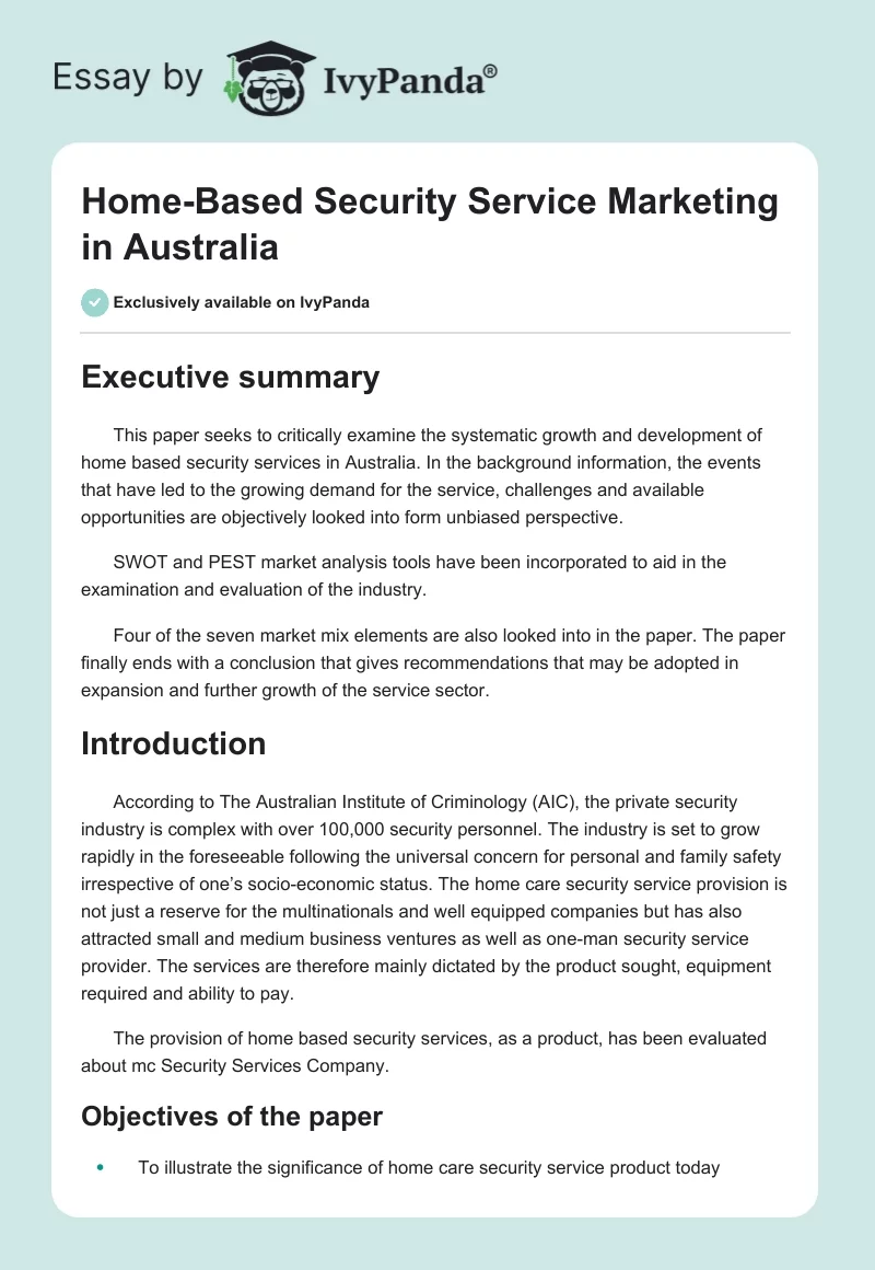 Home-Based Security Service Marketing in Australia. Page 1