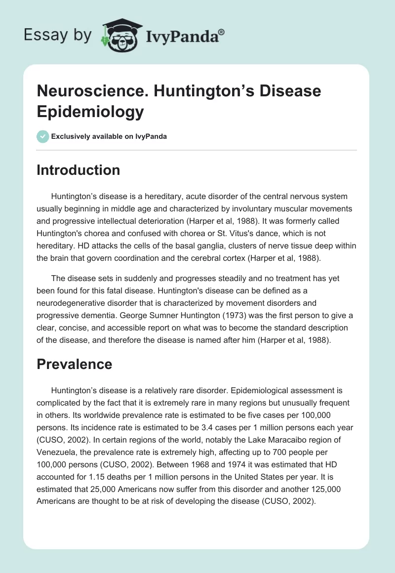 Neuroscience. Huntington’s Disease Epidemiology. Page 1
