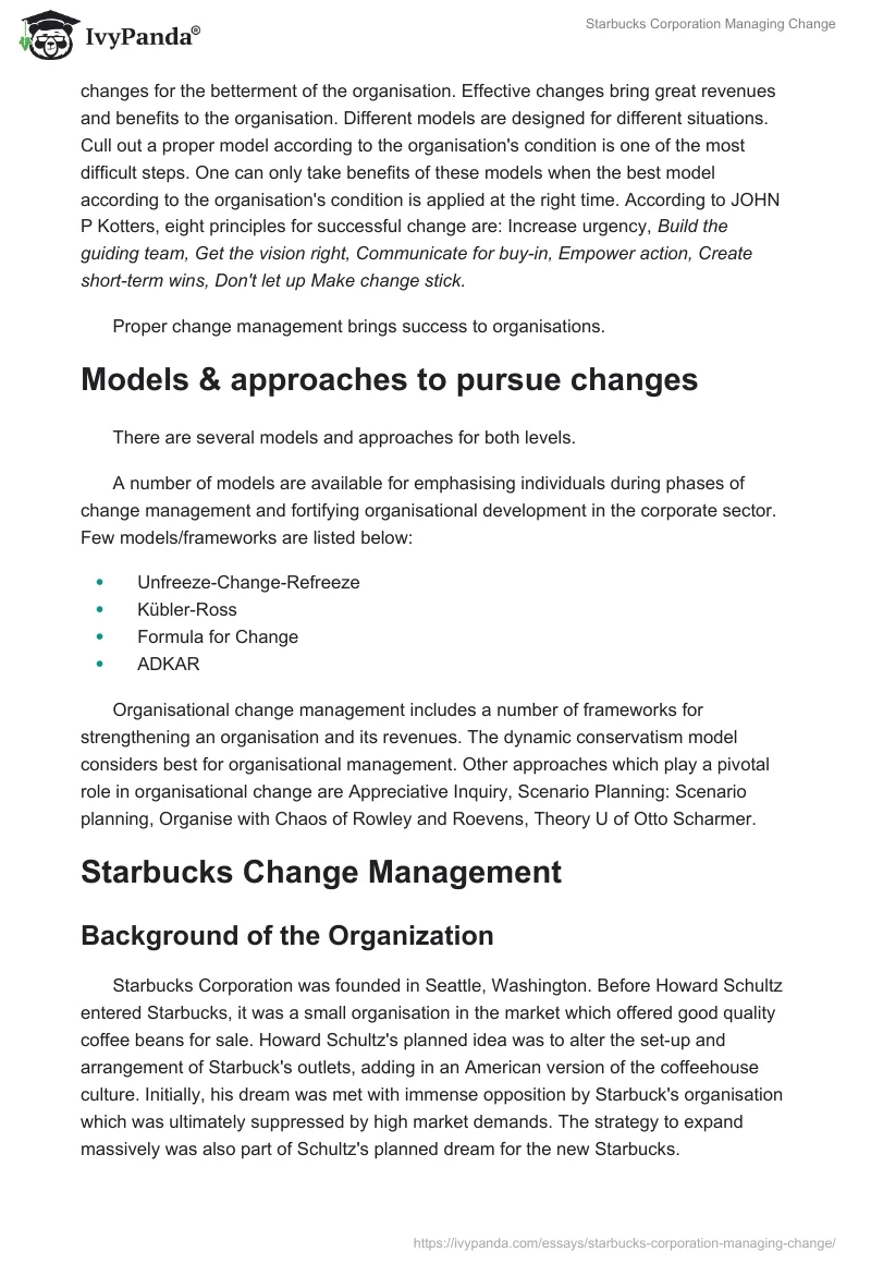 Starbucks Corporation Managing Change. Page 2