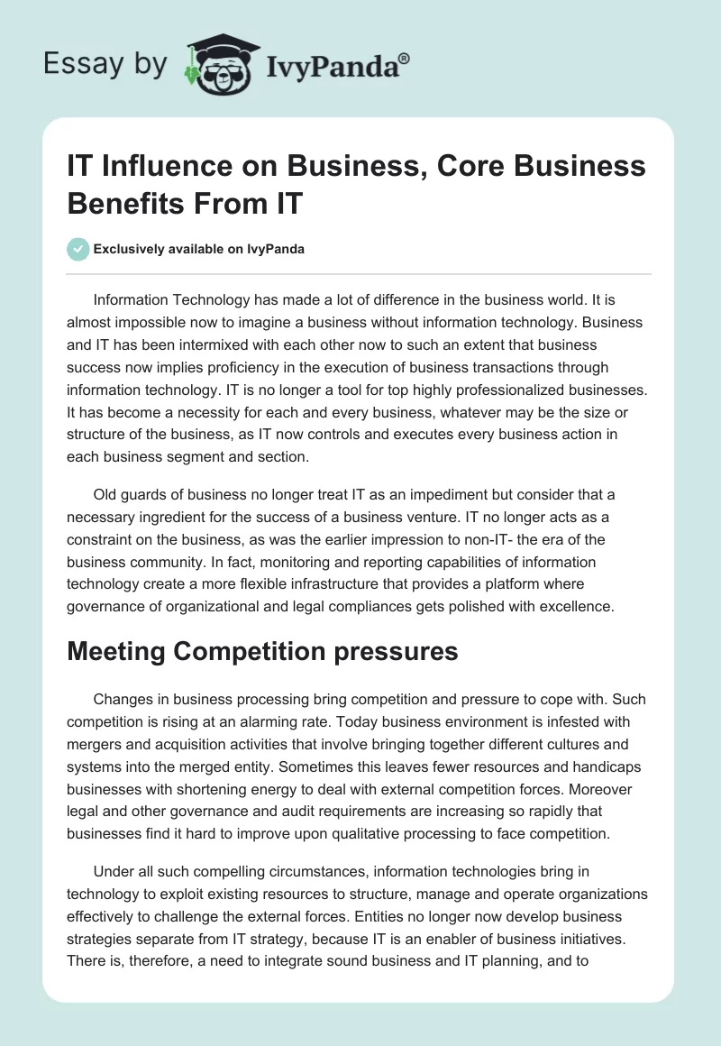 IT Influence on Business, Core Business Benefits From IT. Page 1