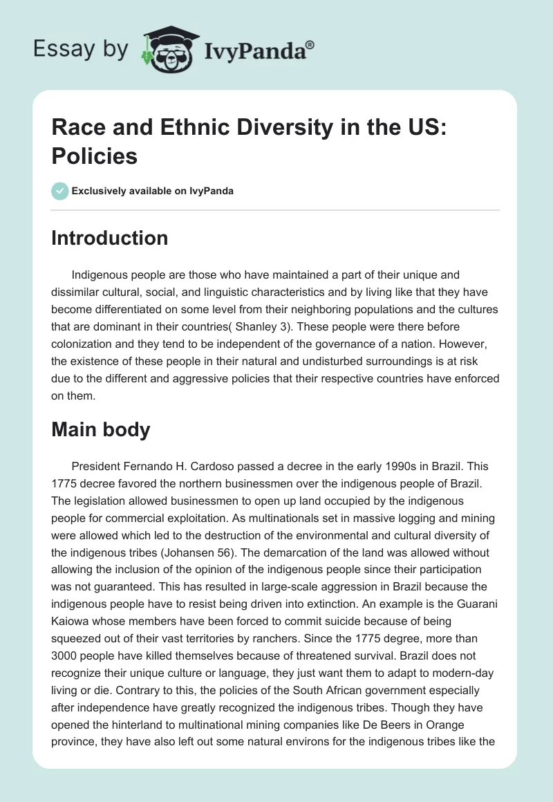 Race and Ethnic Diversity in the US: Policies. Page 1