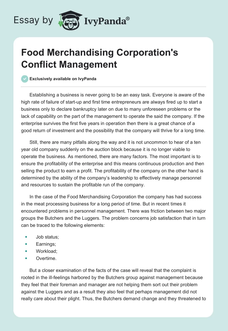 Food Merchandising Corporation's Conflict Management. Page 1