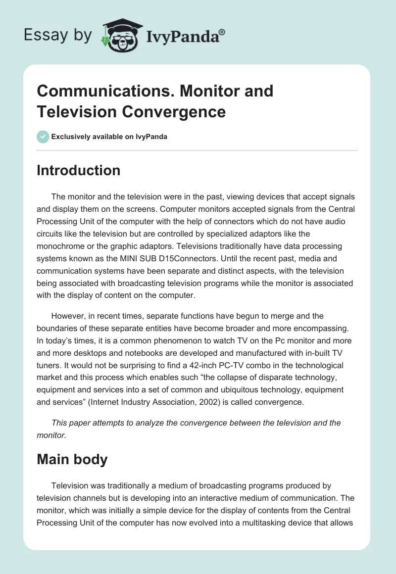 Communications. Monitor and Television Convergence. Page 1