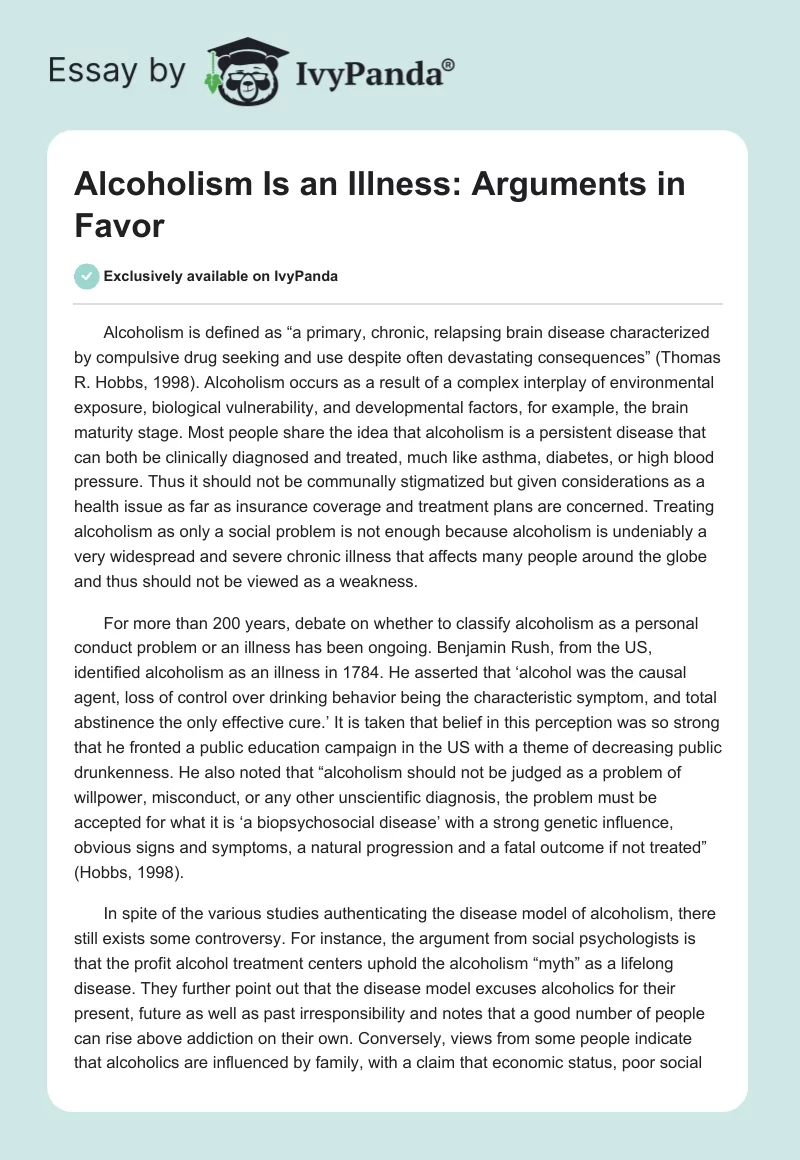Alcoholism Is an Illness: Arguments in Favor. Page 1