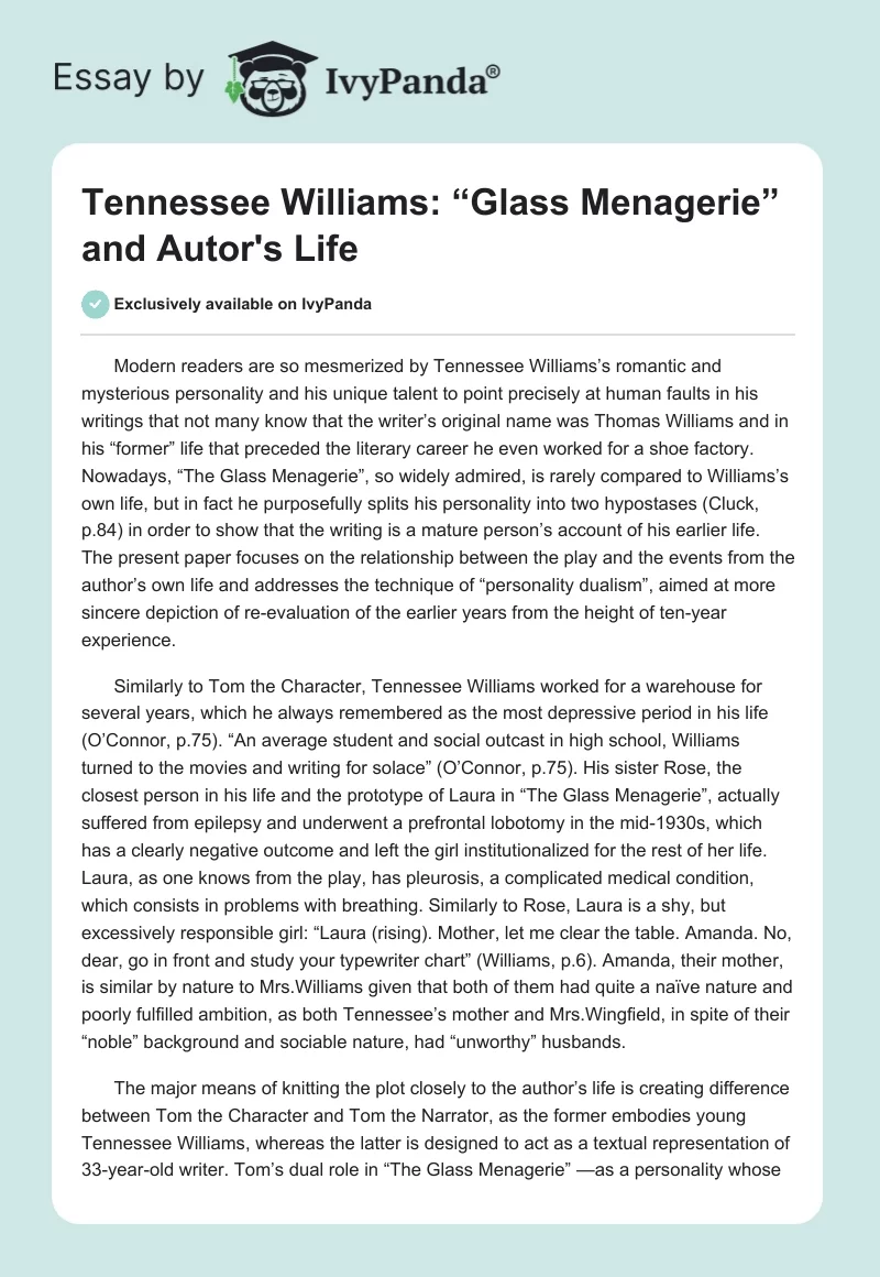 Tennessee Williams: “Glass Menagerie” and Autor's Life. Page 1