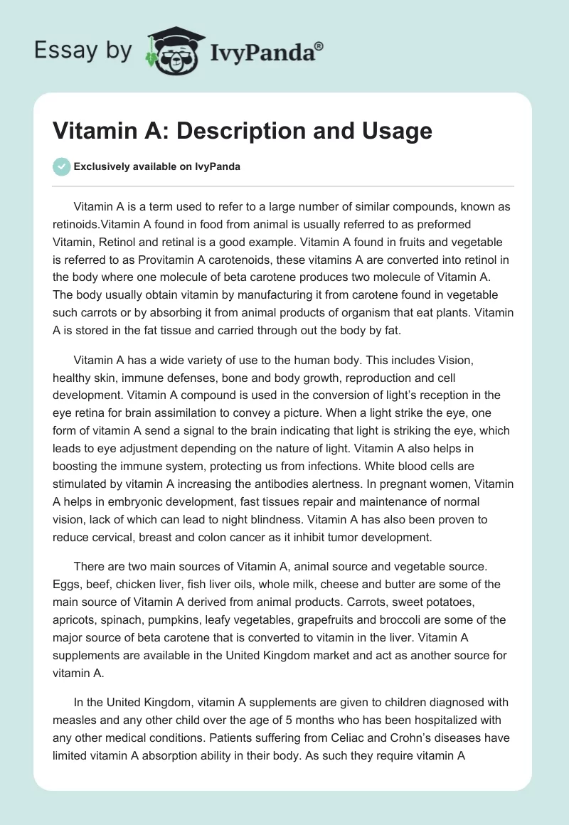Vitamin A: Description and Usage. Page 1