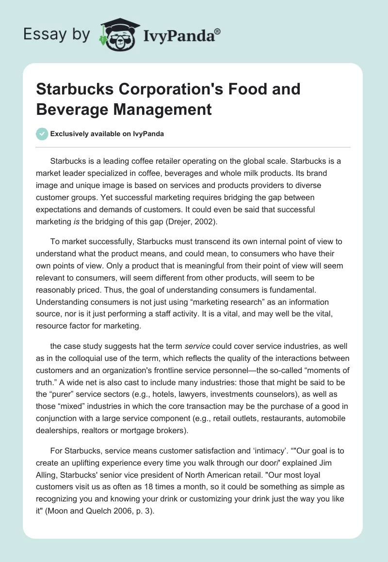 Starbucks Corporation's Food and Beverage Management. Page 1