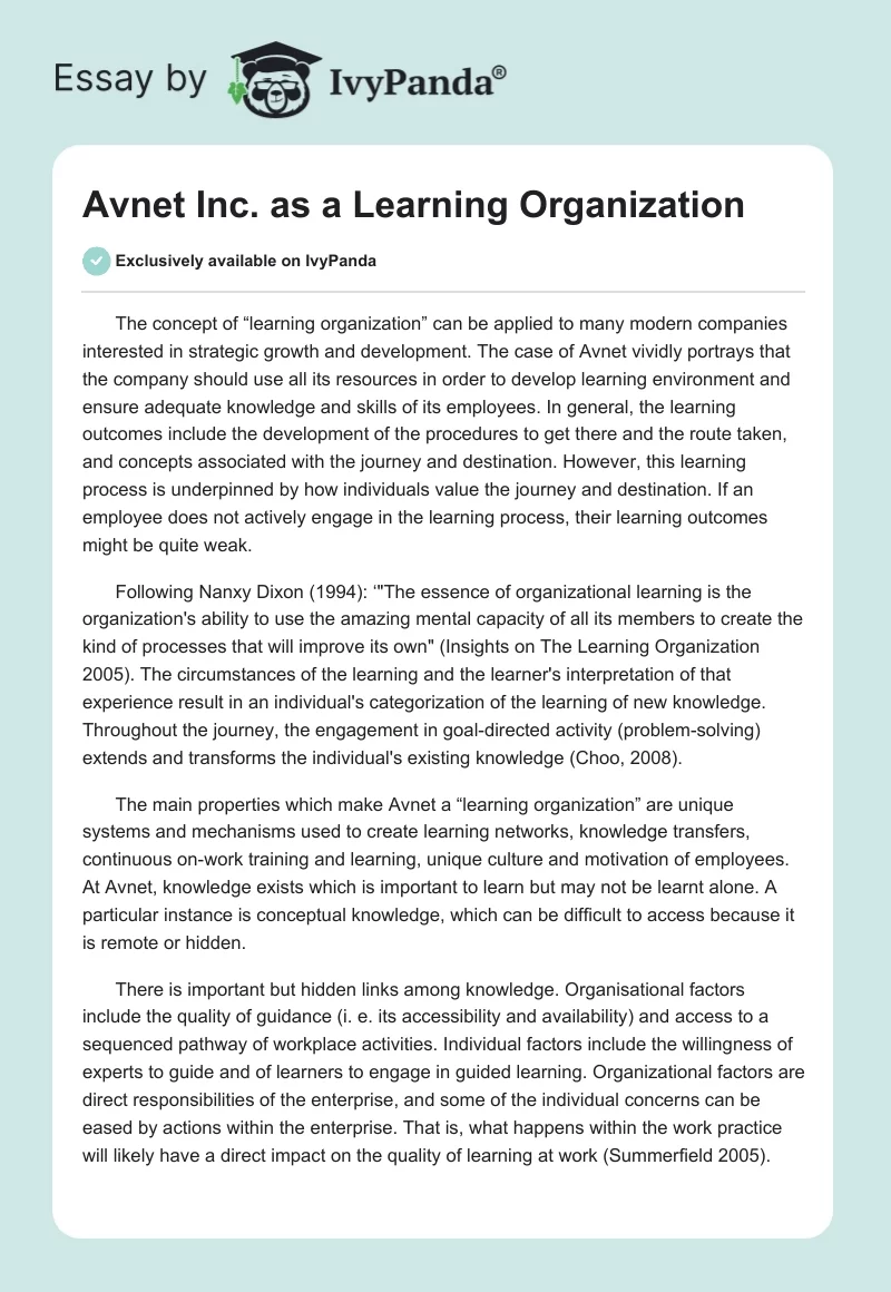 Avnet Inc. as a Learning Organization. Page 1