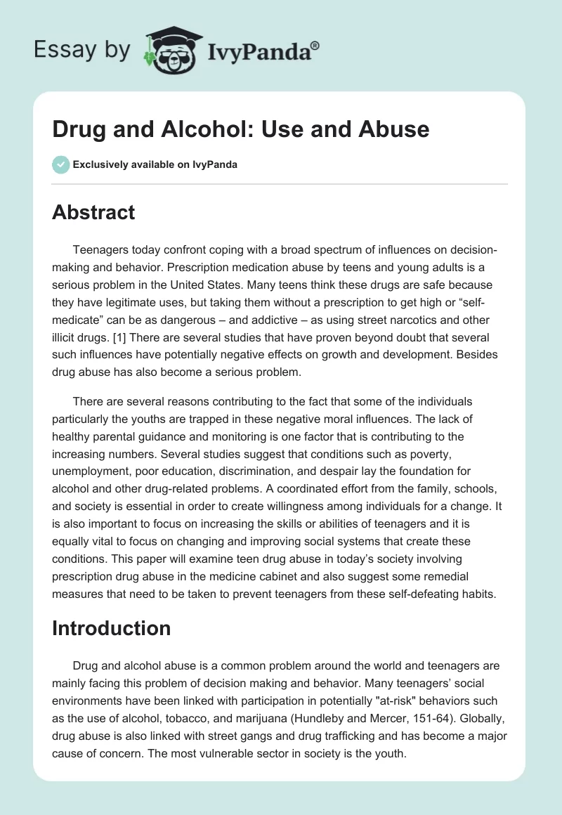 Drug and Alcohol: Use and Abuse. Page 1