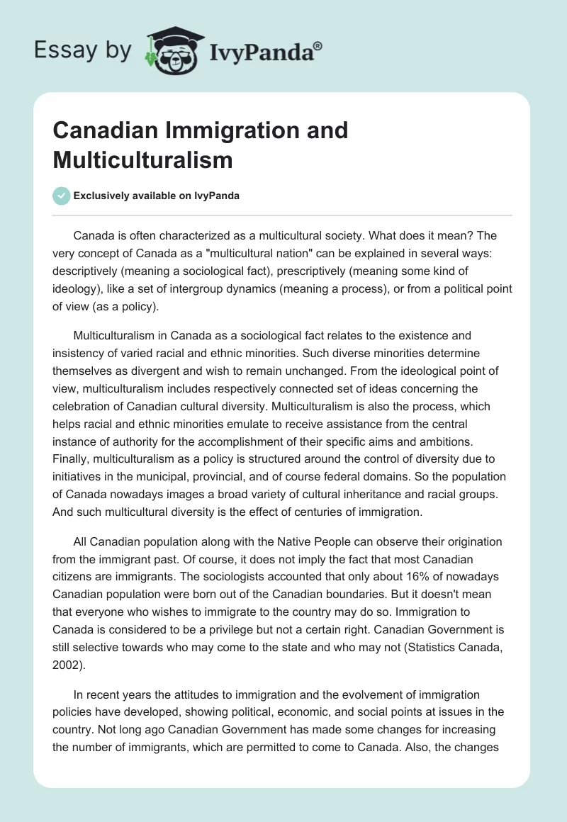 Canadian Immigration and Multiculturalism. Page 1
