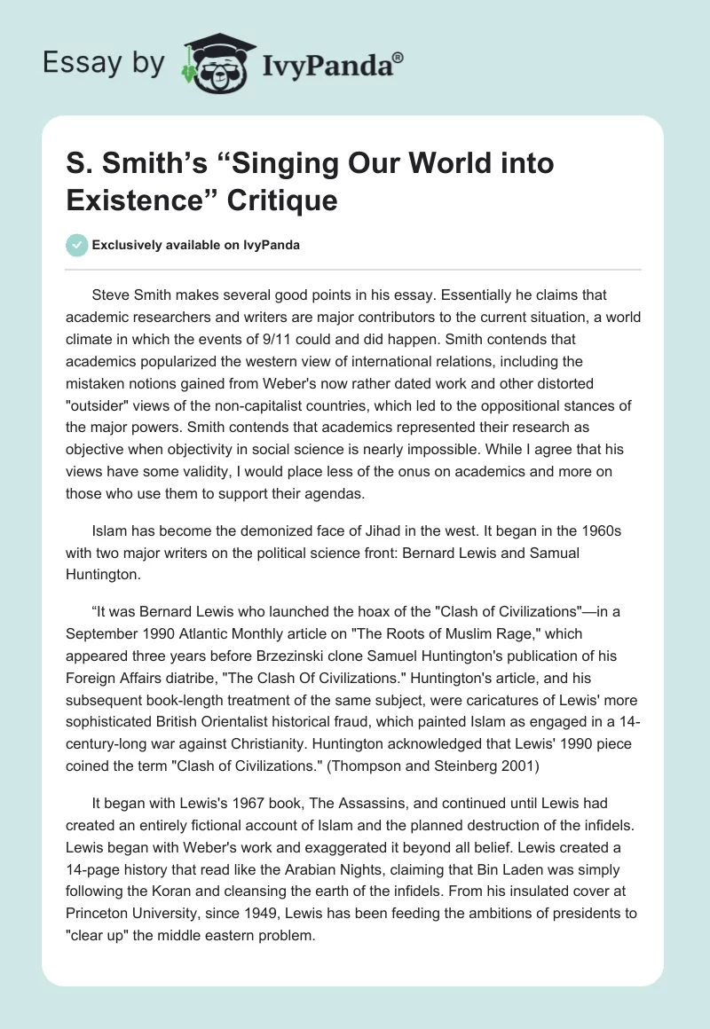 S. Smith’s “Singing Our World into Existence” Critique. Page 1