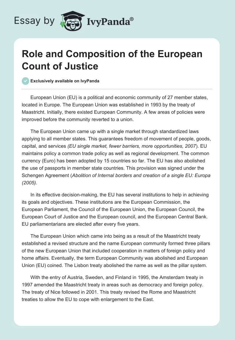 Role and Composition of the European Count of Justice. Page 1