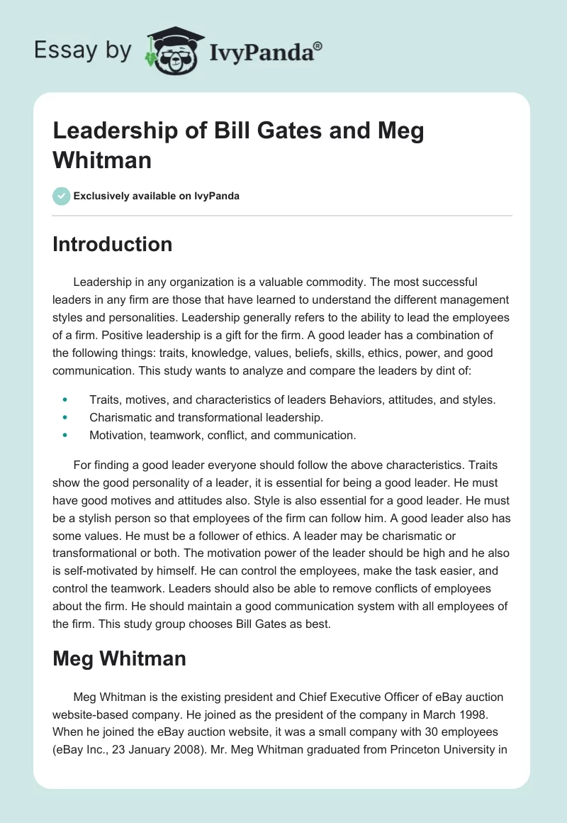 Leadership of Bill Gates and Meg Whitman. Page 1