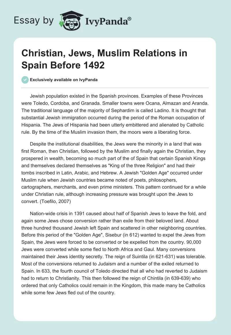 Christian, Jews, Muslim Relations in Spain Before 1492. Page 1