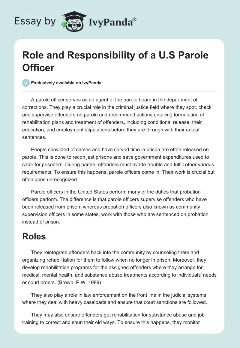 Role and Responsibility of a U.S Parole Officer. Page 1