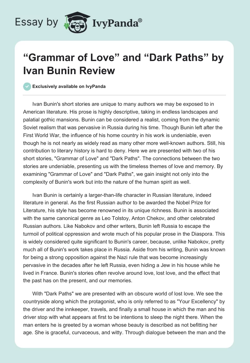 “Grammar of Love” and “Dark Paths” by Ivan Bunin Review. Page 1