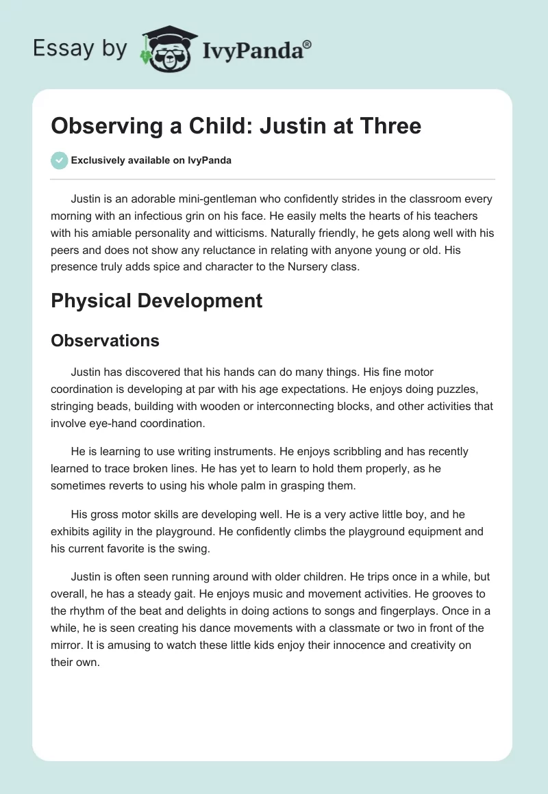 Observing a Child: Justin at Three. Page 1