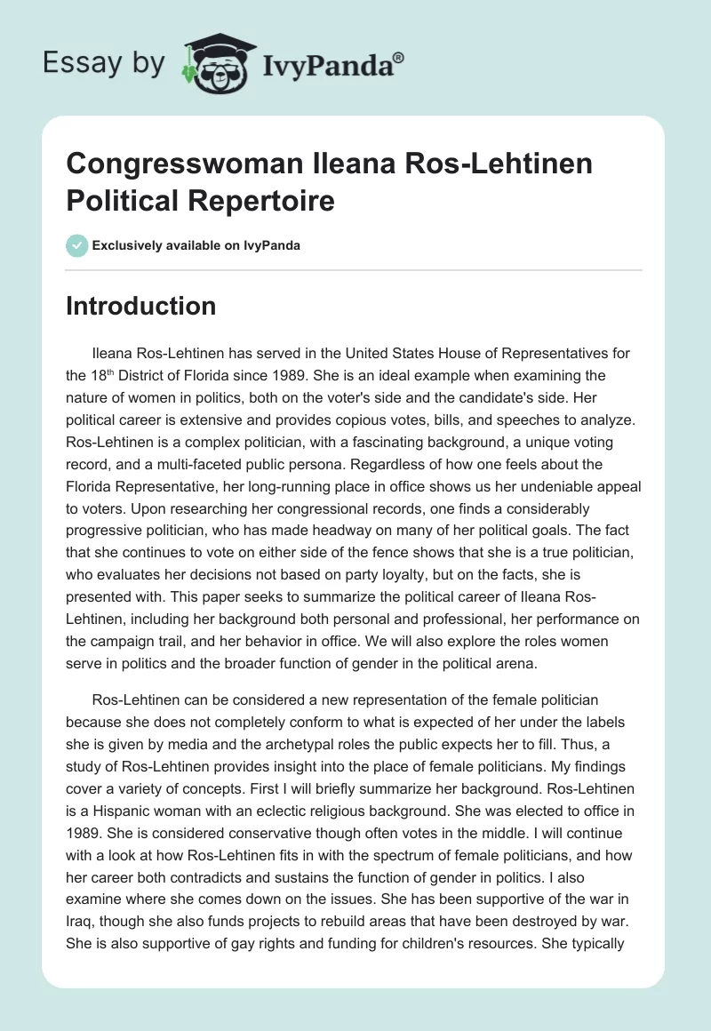 Congresswoman Ileana Ros-Lehtinen Political Repertoire. Page 1