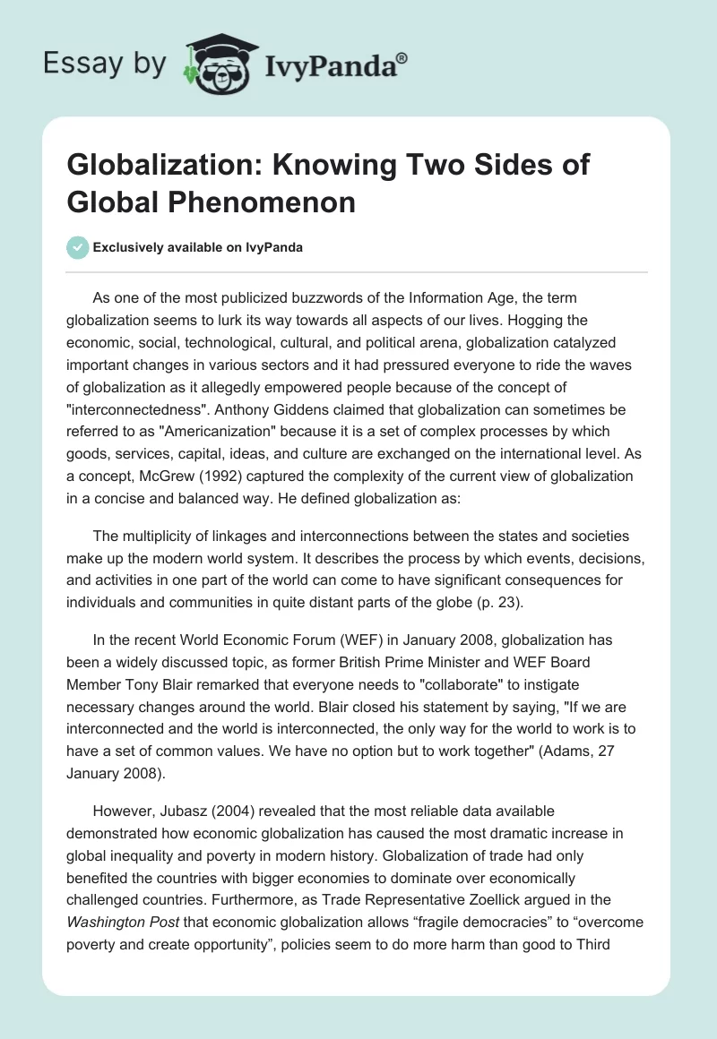 Globalization: Knowing Two Sides of Global Phenomenon. Page 1