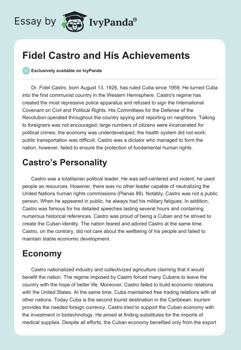 Fidel Castro and His Achievements. Page 1